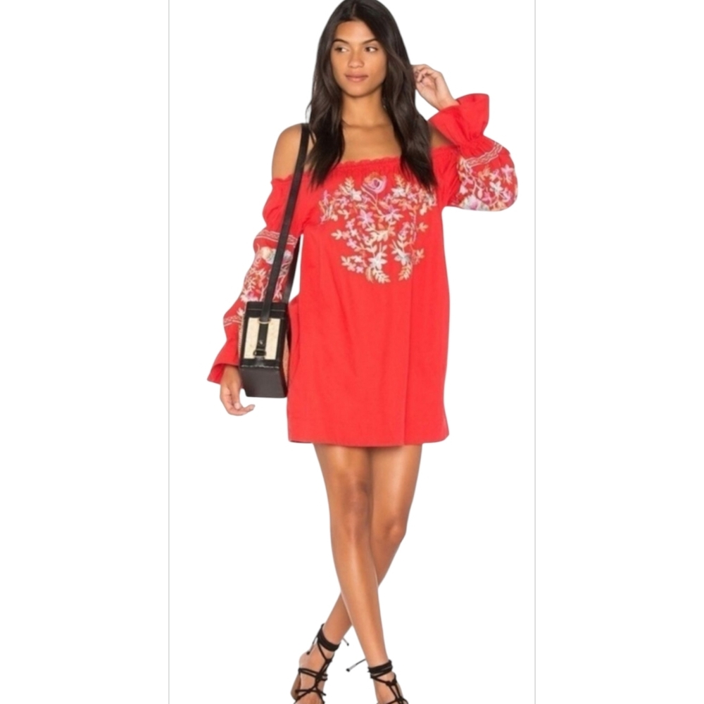 Free People Fleur Du Jour Mini Embroidered Dress in Red